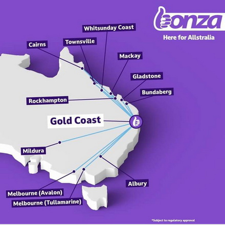 Bonza Airline Gold Coast routes graphic